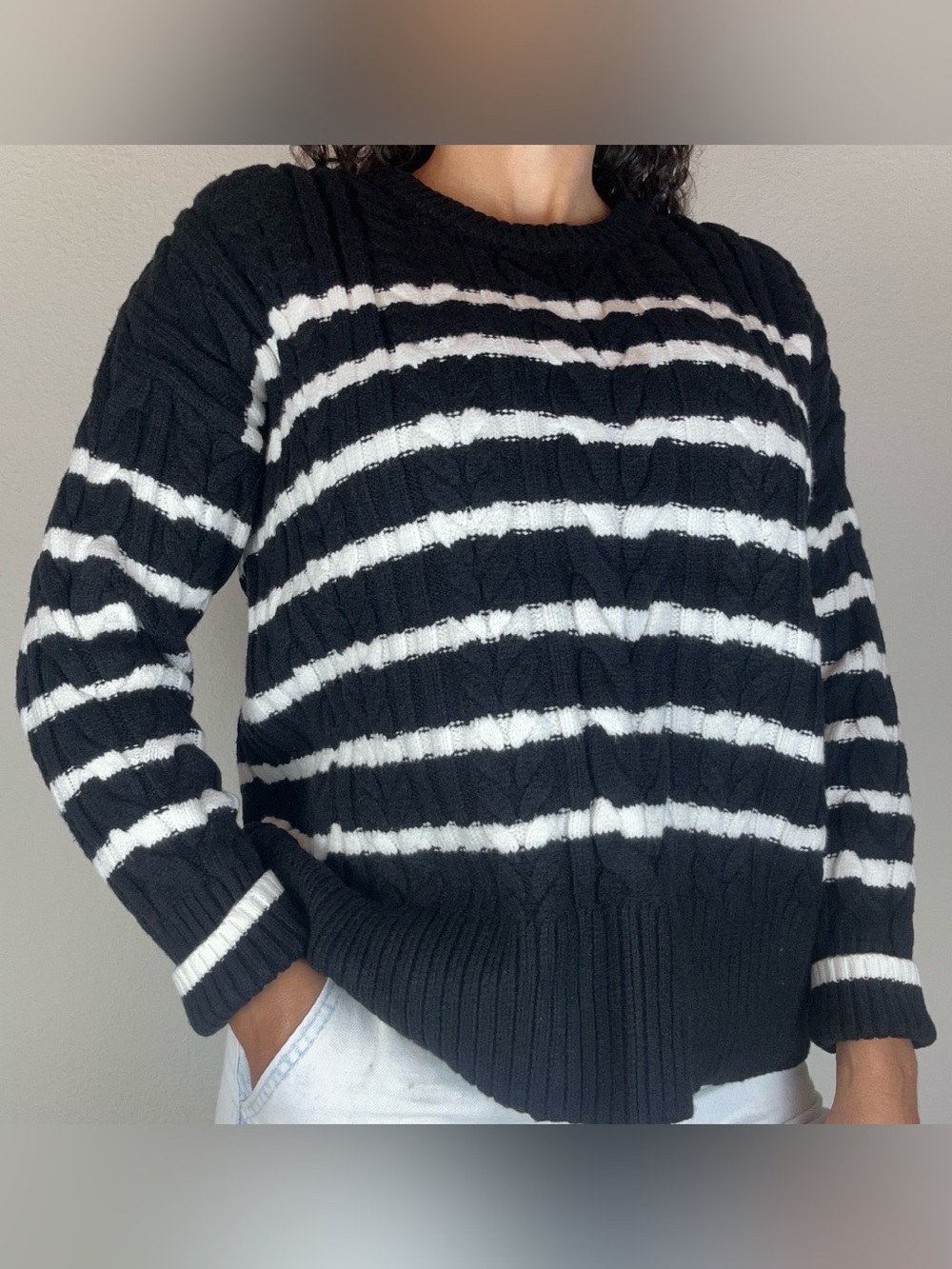 Philosophy Womens Black White Striped Cable Knit Sweater Relaxed Fit S/P New